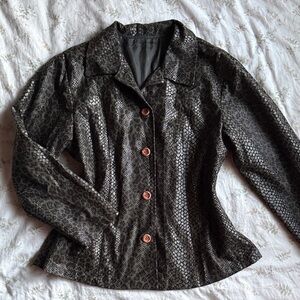 Green animal print jacket with wooden buttons. Great condition size medium.